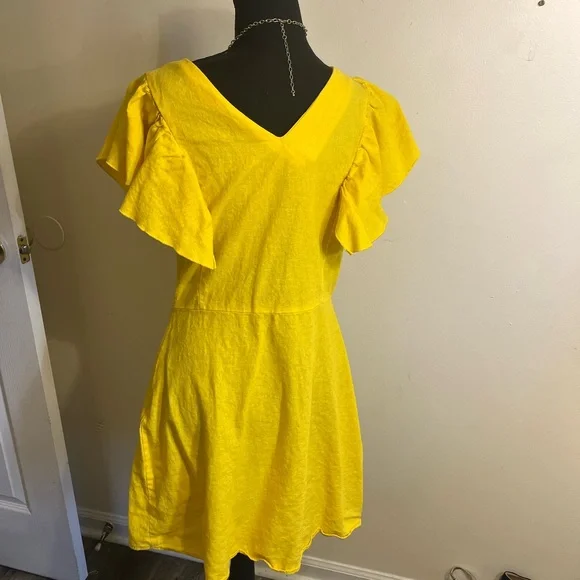 A New Day Bright Yellow Linen Blend V-Neck Flutter Sleeve Dress - Picture 3 of 5